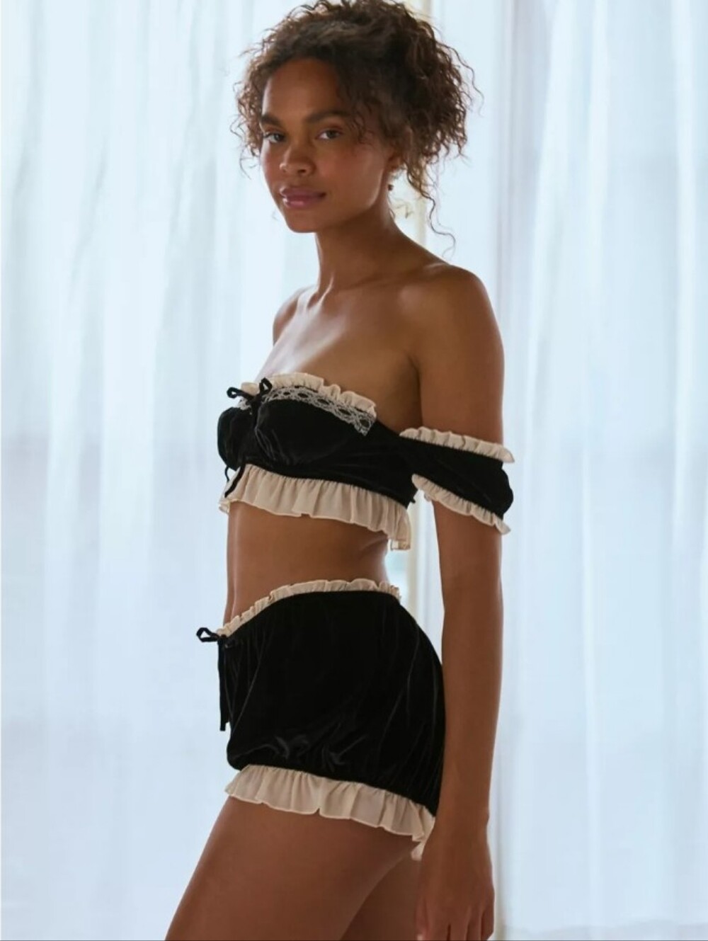 Urban Outfitters Black Velvet Lingerie Bottoms with Cream Ruffle Trim - Picture 7 of 7